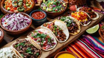 ai generato colorato messicano cibo diffusione con tacos e salsa foto
