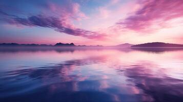 ai generato tramonto splendore al di sopra di tranquillo lago foto