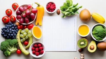 ai generato salutare dieta pianificazione con fresco frutta e verdure foto