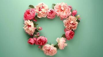 ai generato ghirlanda telaio nel il forma di un' cuore di rosa Rose e peonia fiori isolato su un' pastello verde sfondo con copia spazio foto