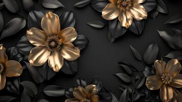 ai generato bellissimo d'oro fiori con nero le foglie isolato su un' buio nero sfondo. creativo mistero concetto. foto