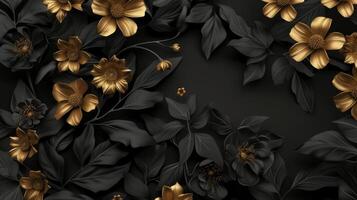 ai generato bellissimo d'oro fiori con nero le foglie isolato su un' buio nero sfondo. creativo mistero concetto. foto