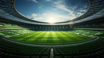 ai generato illuminata dal sole moderno stadio con verde calcio campo foto