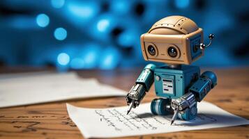 ai generato futuristico scriba - robot scrittura un' lettera foto