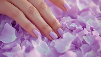 ai generato fascino donna mano con di moda lilla colore chiodo polacco manicure su dita foto
