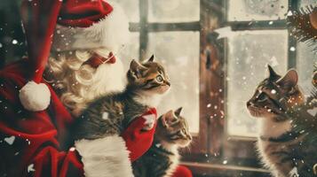 ai generato Santa Claus e carino divertente gatti. Natale carta concetto Vintage ▾ stile foto