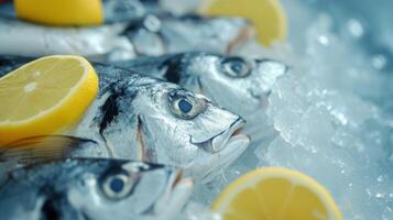 ai generato fresco pesce su ghiaccio con Limone cunei foto