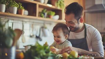 ai generato famiglia con piccolo figlia in casa nel cucina a casa, ogni giorno vita e casa ufficio con bambino concetto. foto