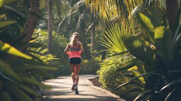 ai generato giovane fitness sportiva corridore in esecuzione su tropicale parco pista foto