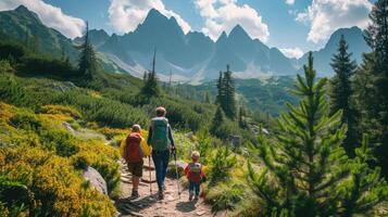 ai generato famiglia con piccolo bambini escursioni a piedi all'aperto nel estate natura, a piedi nel alto tatra. foto