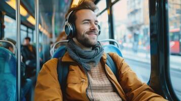 ai generato giovane uomo equitazione nel pubblico trasporto ascoltando per il musica foto