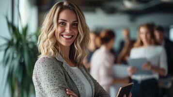 ai generato sorridente fiducioso attività commerciale capo guardare a telecamera e in piedi nel un ufficio a squadra incontro. ritratto di fiducioso donna d'affari con colleghi nel sala riunioni. foto