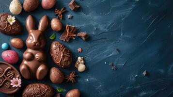 ai generato delizioso cioccolato Pasqua uova , coniglietto e dolci su buio blu sfondo foto