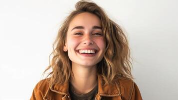 ai generato donna casuale ritratto nel positivo Visualizza, grande Sorridi, bellissimo modello in posa nel studio al di sopra di bianca sfondo foto