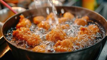 ai generato fritte pollo nel il bollente olio. malsano cibo, strada cibo, pollo fritte nel il cucinando olio. d'oro colore, casa cucinando delizioso croccante veloce cibo. foto