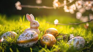 ai generato superiore vista. dipinto Pasqua uova e d'oro coniglio nel il erba festeggiare un' contento Pasqua nel primavera con un' verde erba prato, ciliegia fiorire e su rustico di legno panchina per Schermo foto