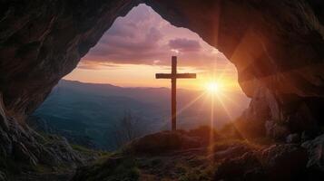 ai generato tramonto Visualizza di un' di legno attraversare a partire dal un' grotta. foto