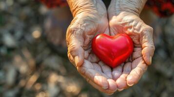 ai generato anziano anziano persona o nonni mani con rosso cuore nel supporto di assistenza infermieristica famiglia badante per nazionale ospizio palliativo cura e famiglia badante mese concetto foto