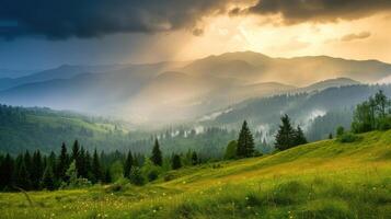 ai generato pioggia e sole attraverso il nuvole al di sopra di il verde estate carpazi nebbioso montagna colline. piovoso sera panorama. foto