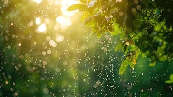 ai generato meraviglioso pesante pioggia doccia nel il luce del sole di primavera o estate godere il rilassante natura foto
