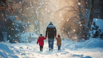 ai generato posteriore Visualizza di famiglia con Due piccolo bambini nel inverno natura, a piedi nel il neve. foto