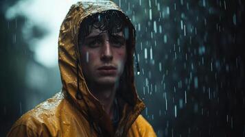 ai generato ritratto di giovane uomo nel inzuppato giacca nel pesante pioggia. foto