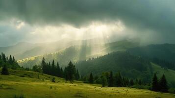 ai generato pioggia e sole attraverso il nuvole al di sopra di il verde estate carpazi nebbioso montagna colline. piovoso sera panorama. foto