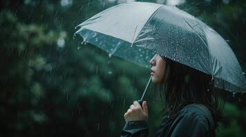 ai generato donna Tenere un ombrello mentre esso piove. foto