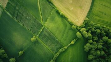 ai generato aereo Visualizza di un' rurale paesaggio con verde i campi e impianti e agricolo azienda agricola terra di naturale sfondo foto