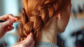 ai generato Bellissima, dai capelli rossi ragazza con lungo capelli, parrucchiere tesse un' francese treccia, nel un' bellezza salone. professionale capelli cura e la creazione di acconciature. foto