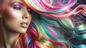 ai generato bellissimo donna con multicolore capelli e creativo rendere su e acconciatura. bellezza viso foto