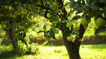 ai generato verde carico di mele albero focale punto, lussureggiante giardino foto