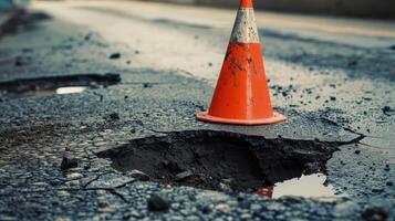 ai generato in profondità dolina su un' strada città e arancia traffico cono. pericoloso buco nel il asfalto autostrada. strada con crepe. cattivo costruzione. danneggiato asfalto strada crollo e caduto. foto