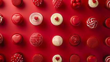 ai generato Cupcake amore a tema cuore ossequi su un' vivace rosso fondale foto