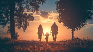 ai generato persone nel il parco. contento famiglia a piedi silhouette a tramonto. mamma papà e figlie camminare Tenere mani nel parco. contento famiglia infanzia sognare concetto. foto