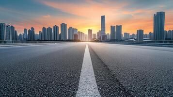 ai generato vuoto asfalto strada e moderno città orizzonte con edificio scenario a tramonto. alto angolo Visualizza. foto