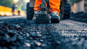 ai generato costruzione lavoratore durante asfaltatura strada lavori. foto