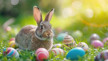 ai generato contento coniglietto con molti Pasqua uova su erba festivo sfondo foto