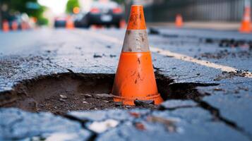 ai generato in profondità dolina su un' strada città e arancia traffico cono. pericoloso buco nel il asfalto autostrada. strada con crepe. cattivo costruzione. danneggiato asfalto strada crollo e caduto. foto