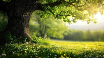 ai generato primavera prato con grande albero con fresco verde le foglie foto