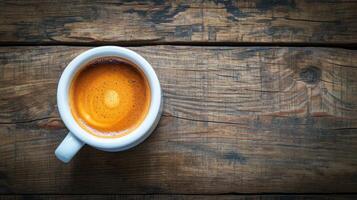 ai generato superiore Visualizza caffè con bianca tazza su legna tavolo. foto