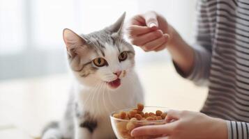 ai generato avvicinamento di un' gatto mangiare asciutto cibo a partire dal un' donna di mano foto