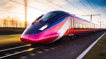 ai generato moderno alta velocità treno con movimento sfocatura su il autostrada a tramonto foto