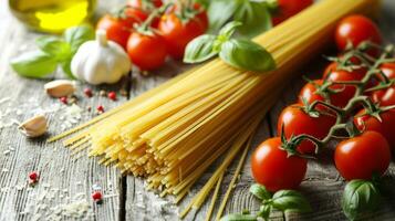 ai generato spaghetti pasta con fresco pomodori e basilico su di legno tavolo foto