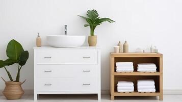 ai generato bagno interno con bianca vasca da bagno, asciugamani e pianta. foto