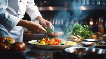 ai generato capocuoco preparazione verdura insalata nel il cucina, avvicinamento. foto