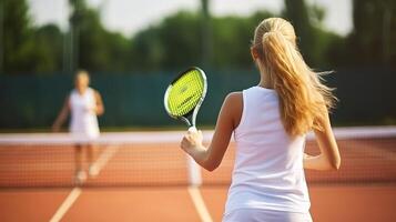 ai generato giovane donna giocando tennis su il Tribunale. sport e salutare stile di vita. foto