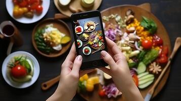 ai generato donna assunzione foto di salutare cibo con smartphone a tavolo, avvicinamento