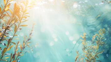 ai generato alga marina e luce del sole nel trasparente chiaro subacqueo sfondo, pastello colore con leggero subacqueo impianti bandiera foto