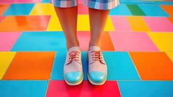 ai generato gambe di poco ragazza nel gumshoes in piedi su colorato sfondo foto